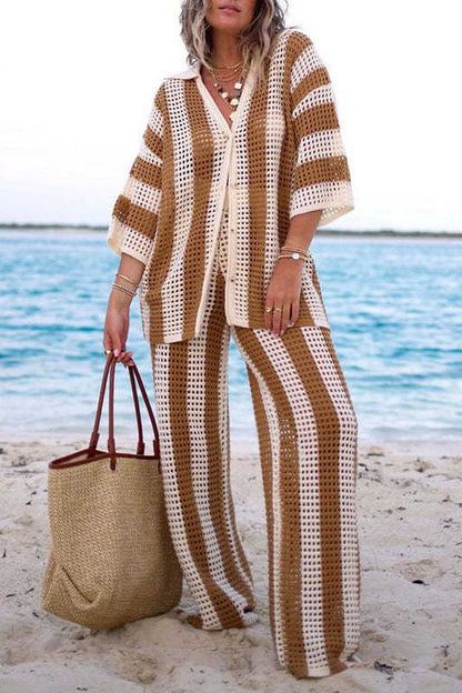 Hollow Striped Shirt Knit Set