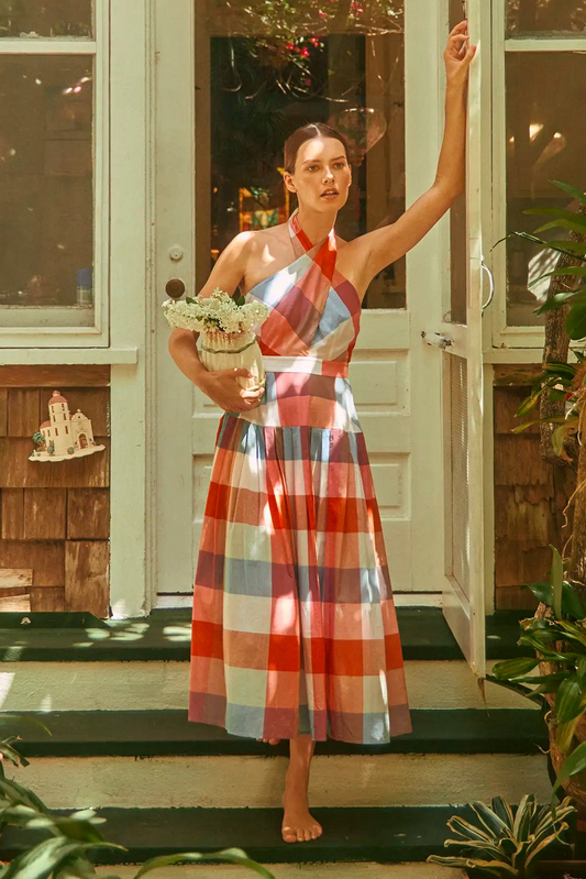 Plaid Halter Midi Dress