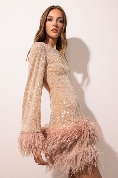 Backless Sequin Feather Bodycon Mini Dress