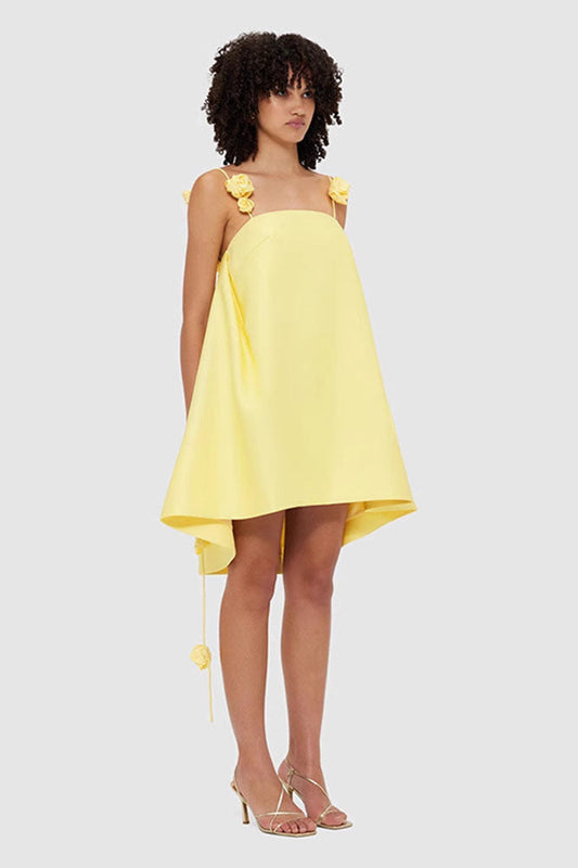 Yellow 3D Floral Loose Fit Short Dress
