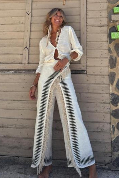 Elar Contrast Black Fringe Pants Set