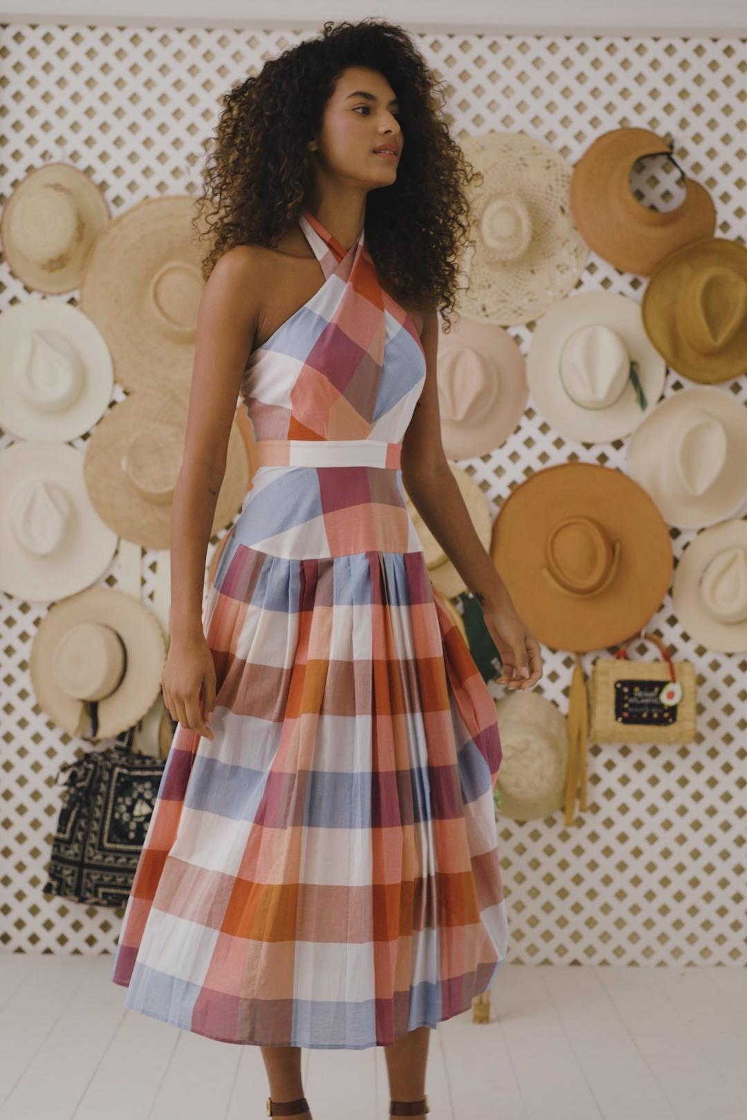 Plaid Halter Midi Dress