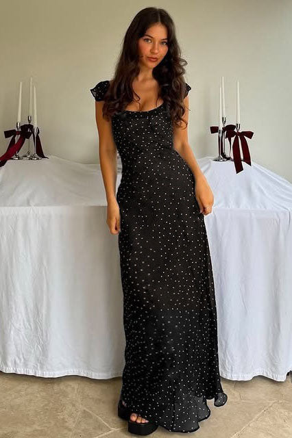 Sexy High-Waist Sheer Color-Block Polka Dot Maxi Dress